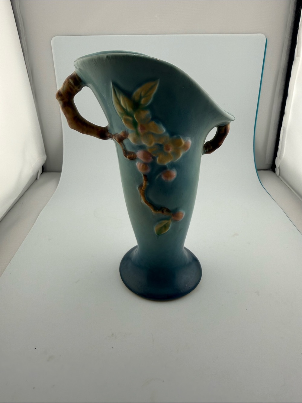 Vintage Roseville Pottery Apple Blossom Vase 382-7 Aqua Blue 7” USA